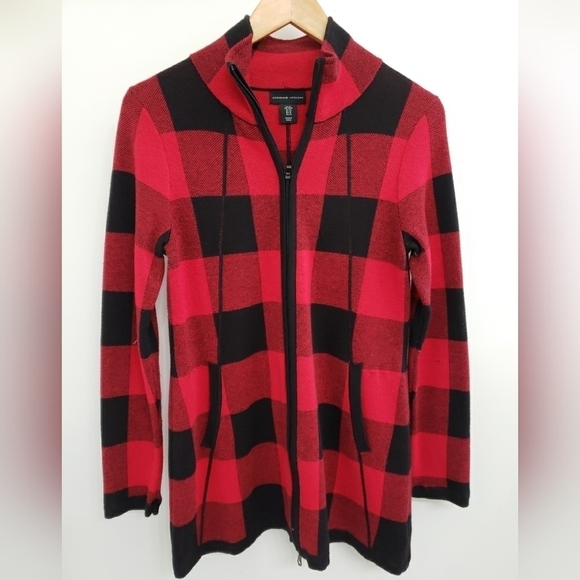 Adrienne Vittadini Red and Black Buffalo Check Full Zip Sweater Women's Sz M - Picture 2 of 7